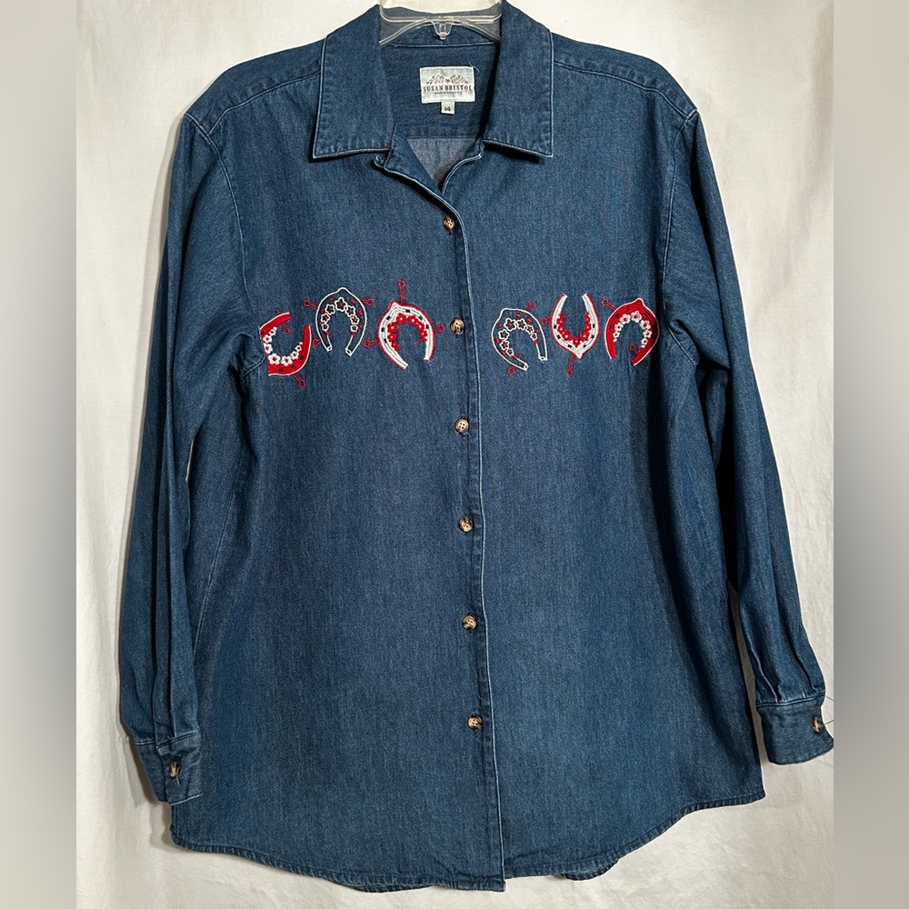 WOMENS 14 SUSAN BRISTOL BLUE WESTERN DENIM HORSESHOE LONG SLV BUTTON FRONT SHIRT